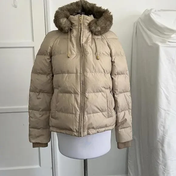 Y2K Vintage Juicy Couture Tan Puffer Jacket Faux Fur Hood Glam Winter Coat Small - Picture 6 of 9